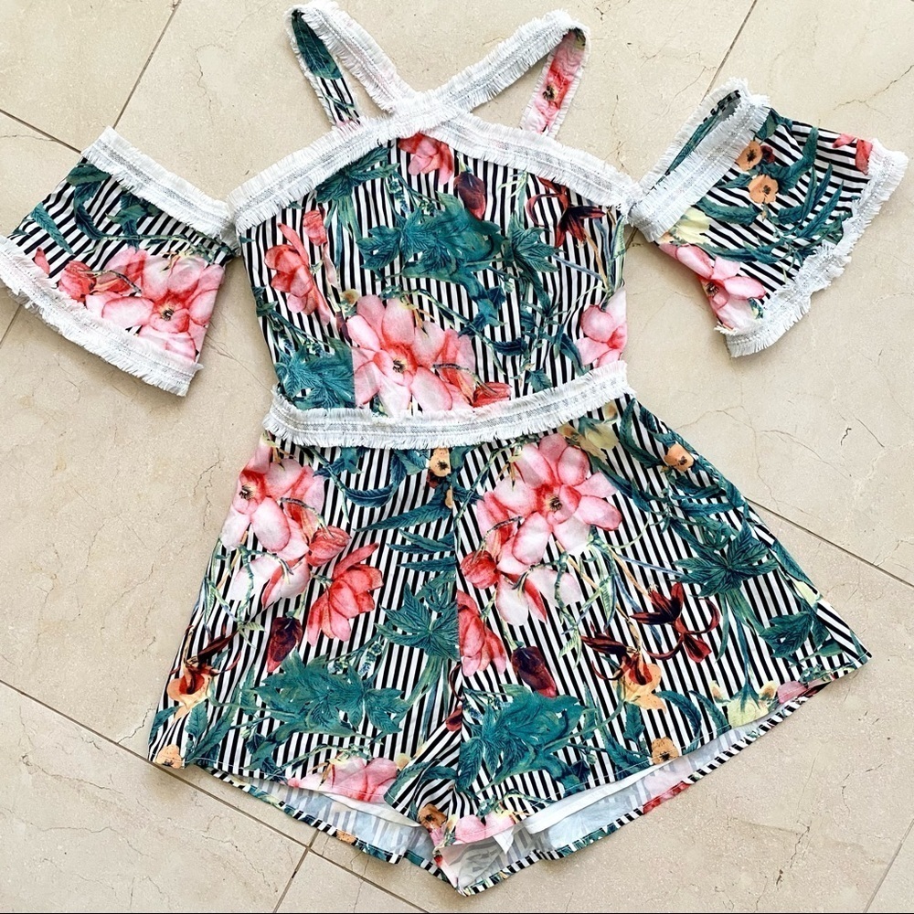 Luxxel Floral and Striped Fringe Romper Off Shoulder Size Small